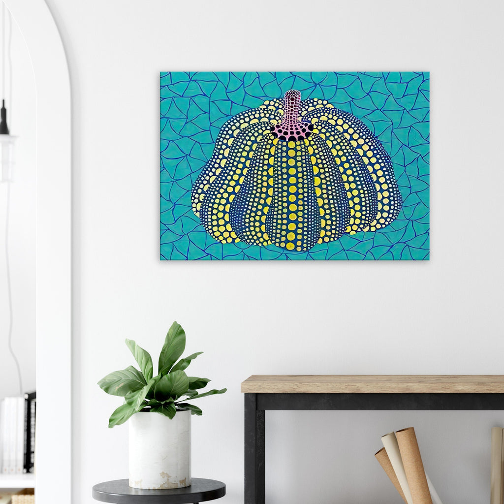Yayoi Kusama canvas print — Pumpkin (OG) [Kusama 156] revisits Kusama’s best-known vegetable through the relationship between its distinctive form and repeating ornament