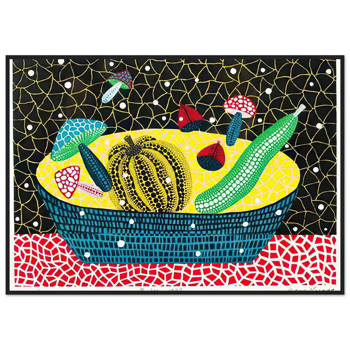Yayoi Kusama framed print — Fruits (2) turns an arrangement of fruit into a deliberately ornamental still life, black frame, 70x100 cm / 28x40″