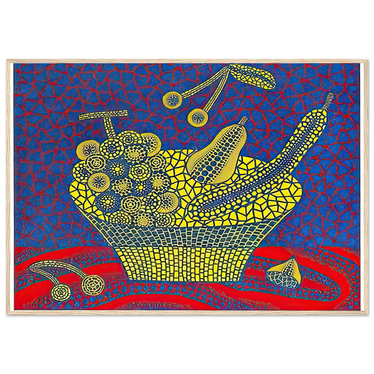 Yayoi Kusama framed print — Fruit Basket (1) by Yayoi Kusama explores one of the artist’s recurring subjects: the abundance of ordinary fruit, wood frame, 70x100 cm / 28x40″