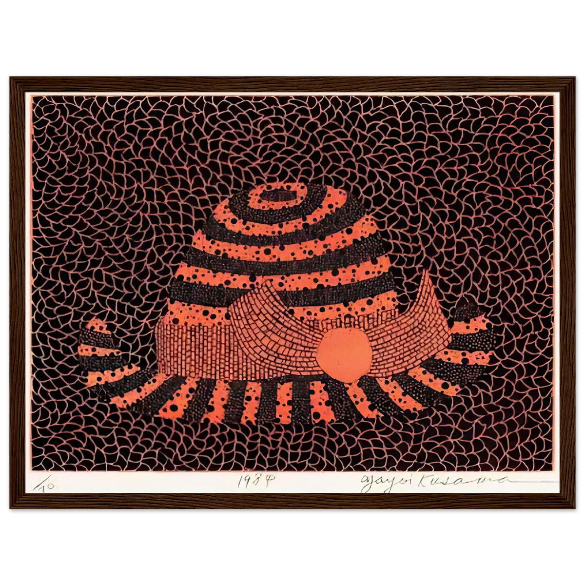 Yayoi Kusama framed print — Hat (2) turns an everyday hat into a subject for playful observation, dark wood frame, 30x40 cm / 12x16″