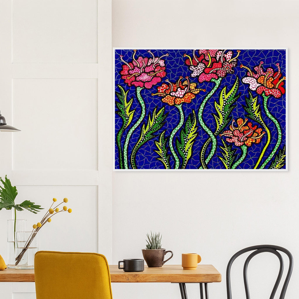 Yayoi Kusama framed print — Summer Flowers brings a seasonal specificity to Kusama’s botanical imagery, suggesting a moment of warmth and vigorous bloom