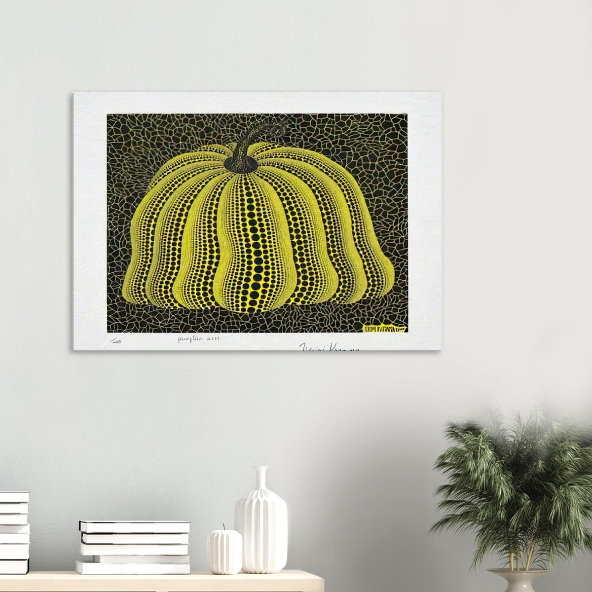Yayoi Kusama canvas print — Pumpkin 2000 (Yellow) uses a yellow treatment to reinterpret one of Kusama’s most affectionate subjects
