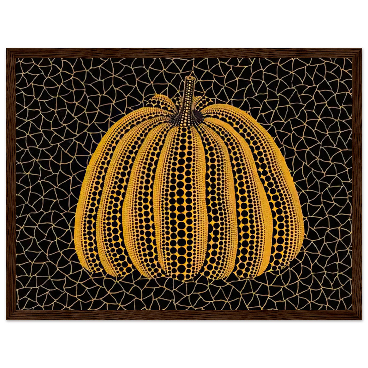 Yayoi Kusama framed print — Pumpkin (YY) [Kusama 231] revisits Kusama’s best-known vegetable through the relationship between its distinctive form and repeating ornament, dark wood frame, 30x40 cm / 12x16″