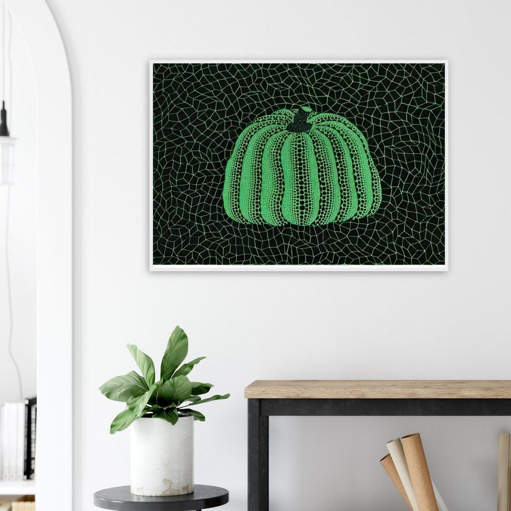 Yayoi Kusama framed print — Pumpkin (Green, Version 2) presents Kusama’s familiar pumpkin through an explicitly green variation