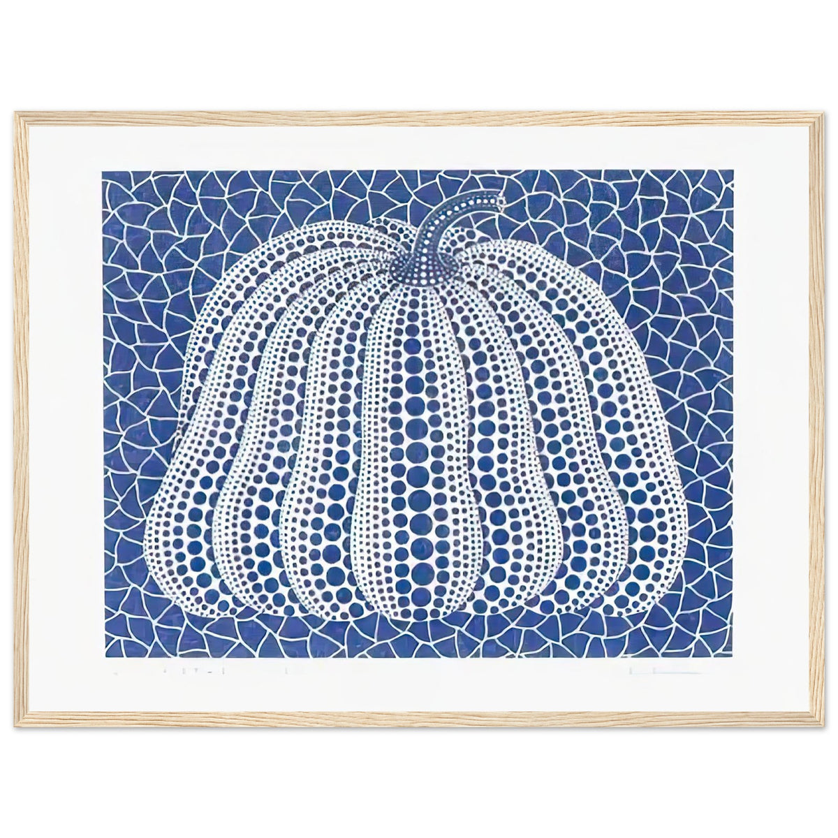 Yayoi Kusama framed print — Pumpkin (Blue, Version 2) presents Kusama’s familiar pumpkin through an explicitly blue variation, wood frame, 45x60 cm / 18x24″