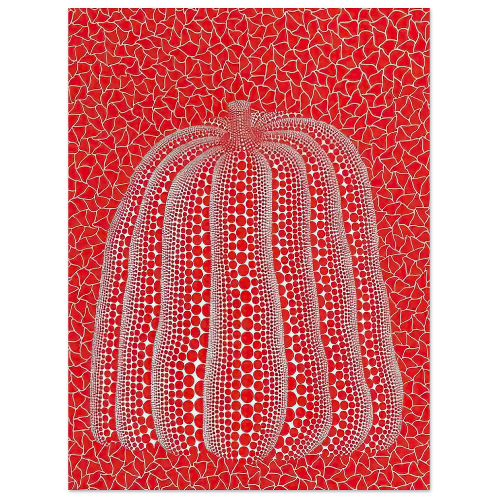 Yayoi Kusama poster — This red pumpkin image uses a familiar gourd as the foundation for an especially vivid statement, 15x20 cm / 6x8″