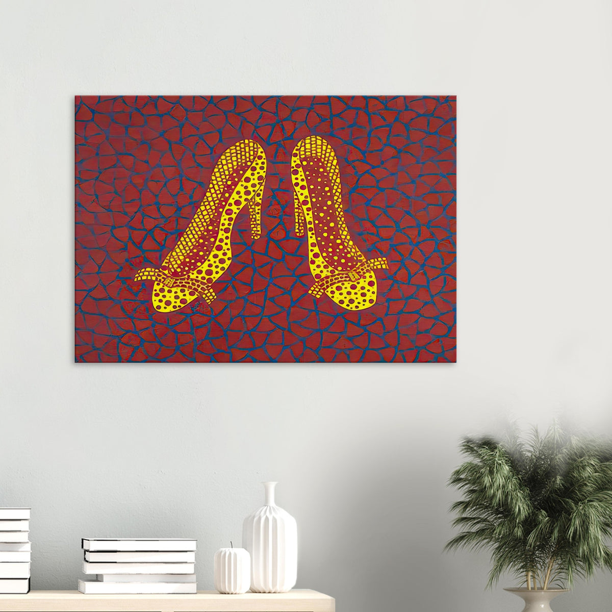 Yayoi Kusama canvas print — High Heels (1) makes a fashion accessory the protagonist of a Kusama print