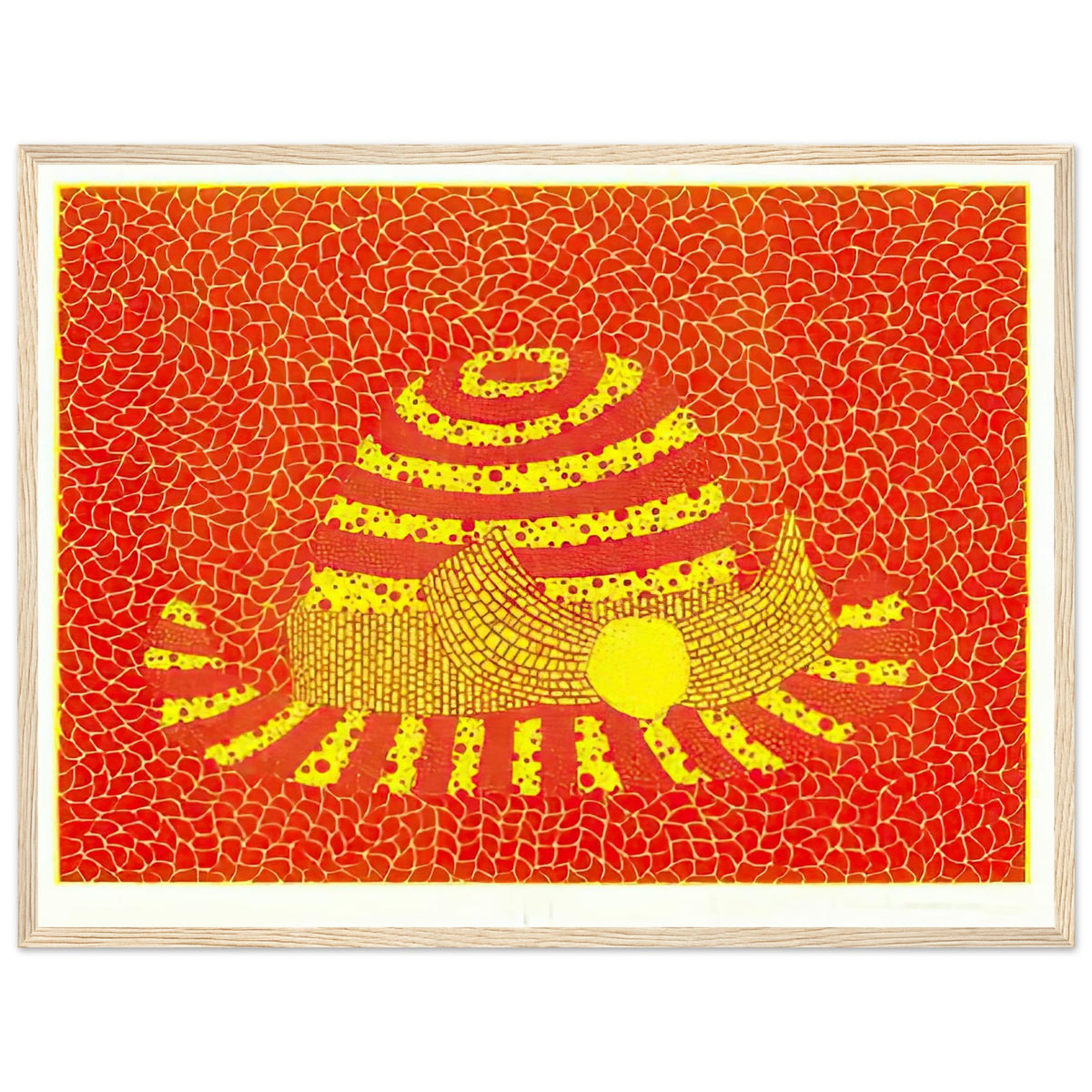 Yayoi Kusama framed print — Hat (Orange) presents a familiar accessory as an exercise in changing color and graphic character, wood frame, 45x60 cm / 18x24″