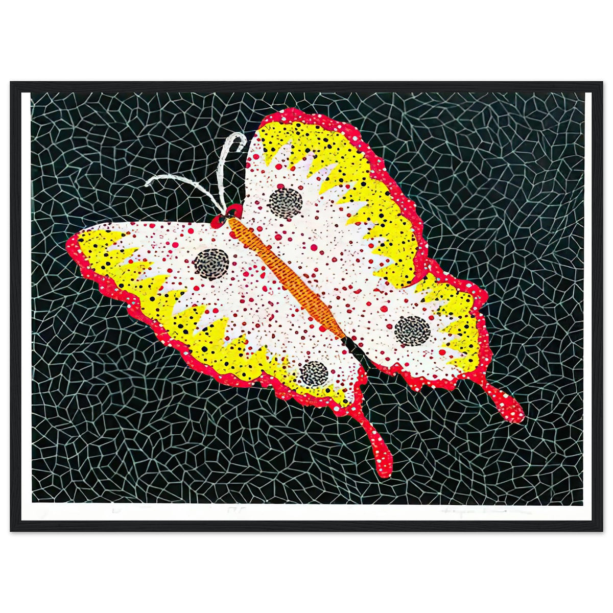 Yayoi Kusama framed print — Butterfly [Kusama 81] by Yayoi Kusama takes the lightness of a butterfly and gives it graphic intensity through pattern, black frame, 45x60 cm / 18x24″