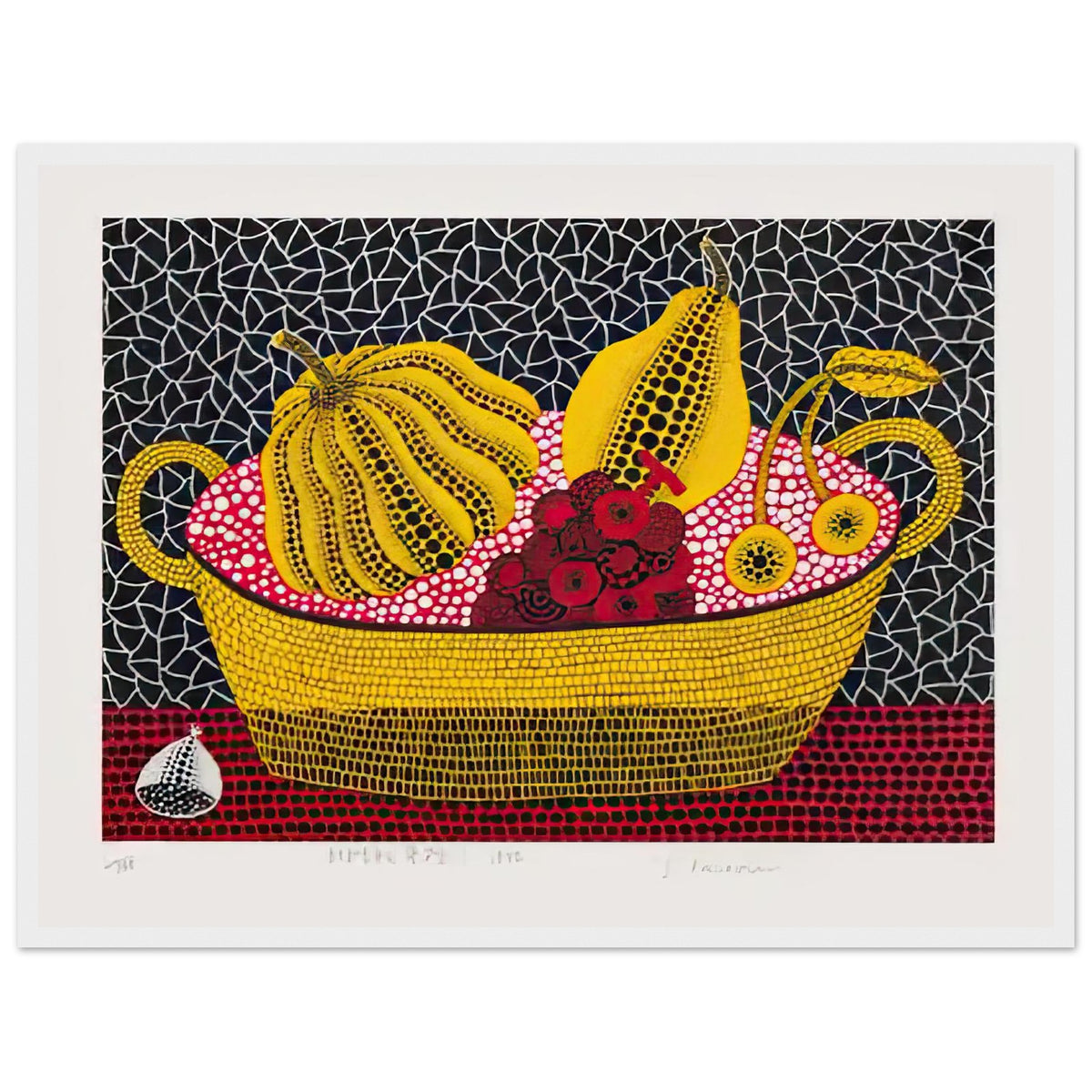 Yayoi Kusama framed print — Pumpkin and Fruits brings a dotted pumpkin into a richly populated still life rather than isolating the gourd on its own, white frame, 45x60 cm / 18x24″