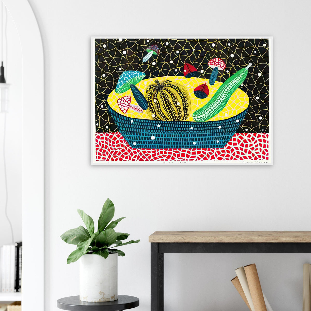 Yayoi Kusama framed print — Fruits (2) turns an arrangement of fruit into a deliberately ornamental still life