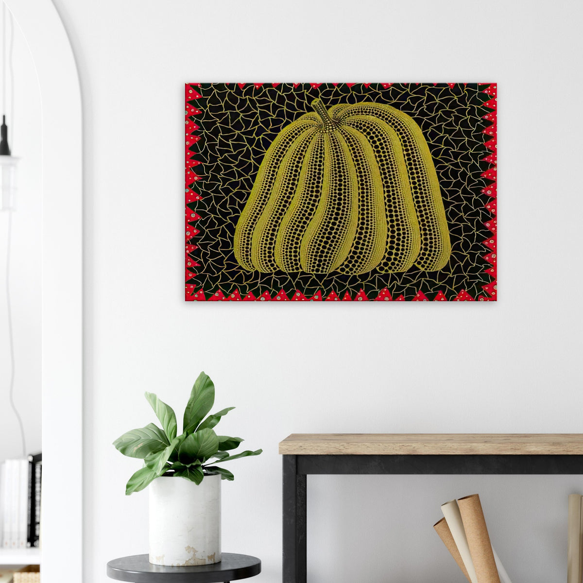 Yayoi Kusama canvas print — Citrouille I from Amour pour Toujours gives Kusama’s beloved pumpkin a celebratory role within a portfolio devoted to love