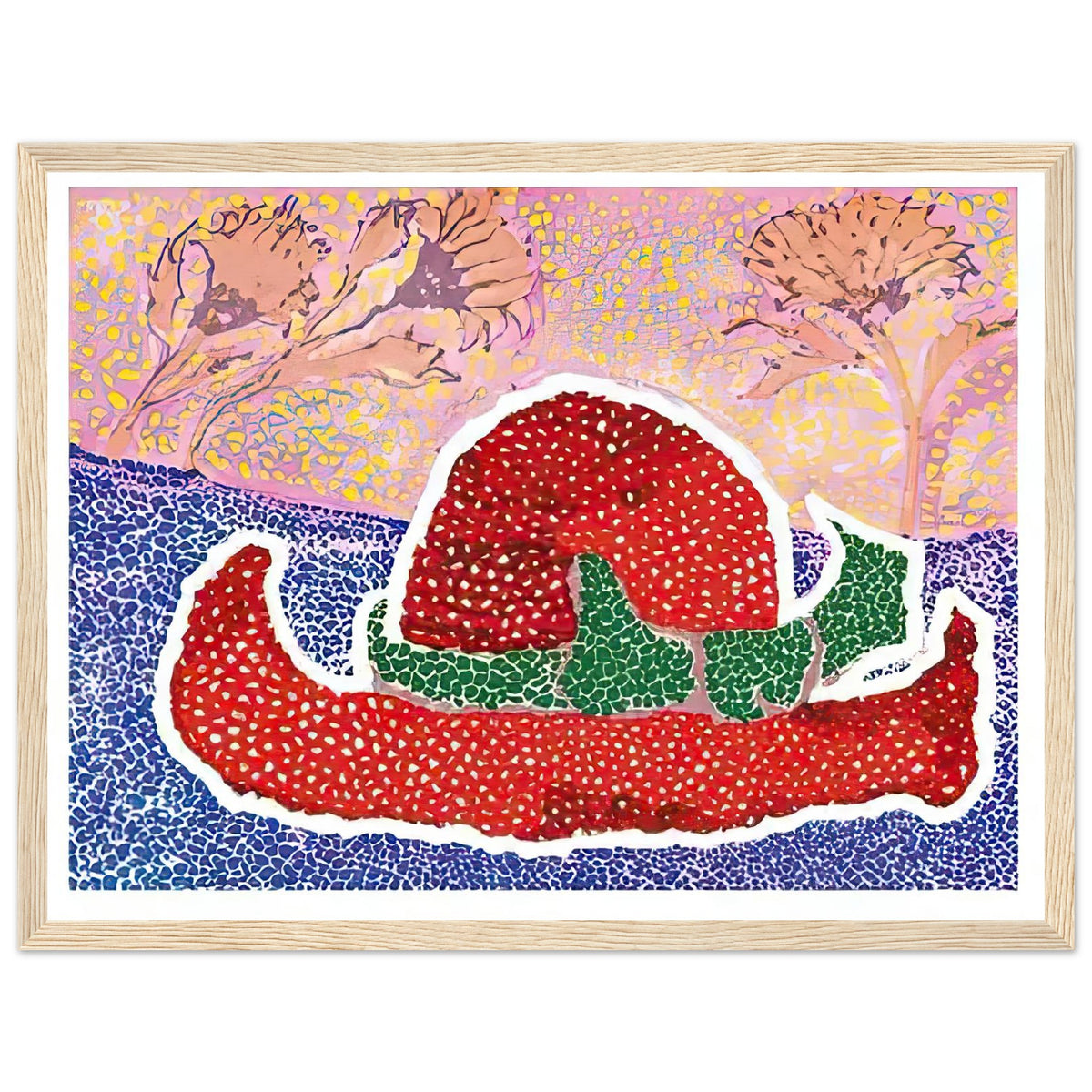 Yayoi Kusama framed print — Hat Left Behind in the Field turns an unattended accessory into a scene with an implied human presence, wood frame, 30x40 cm / 12x16″