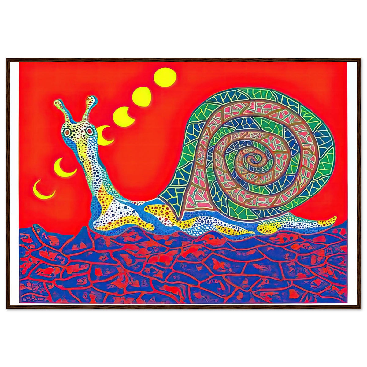 Yayoi Kusama framed print — Snail takes a slow-moving creature and makes its spiral shell and delicate movement the center of attention, dark wood frame, 70x100 cm / 28x40″