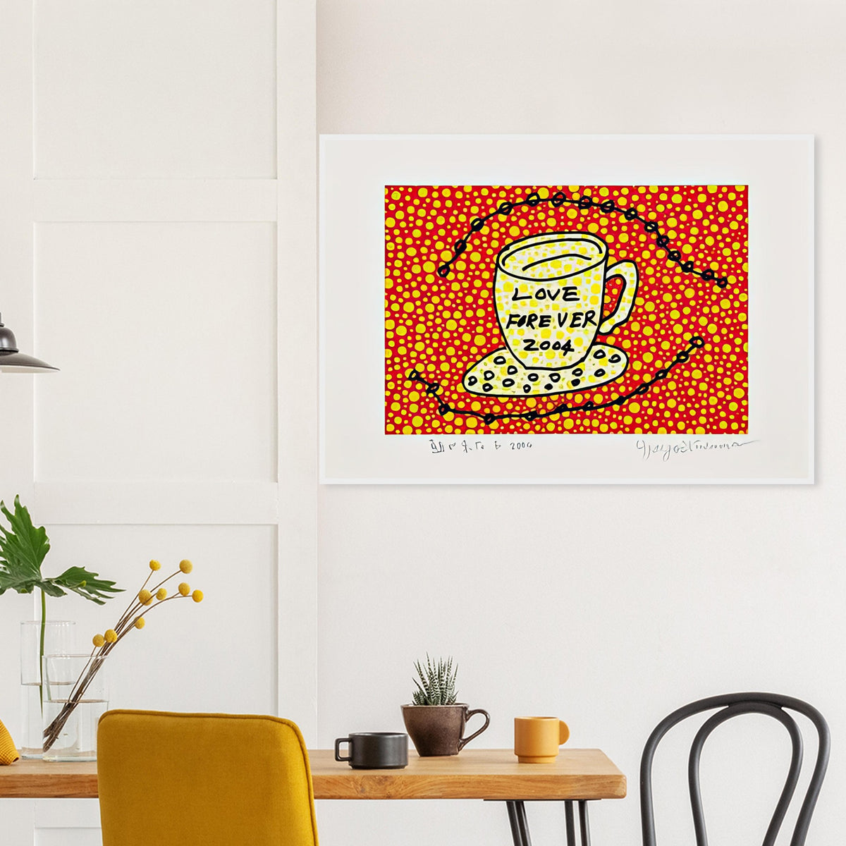 Yayoi Kusama framed print — Morning Is Here (E) joins a series of compact 2004 prints in which the beginning of the day becomes a subject for personal symbols and tightly controlled graphic