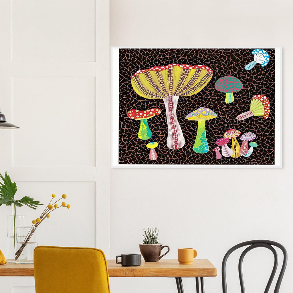 Yayoi Kusama framed print — Toadstools explores the eccentric shapes of woodland fungi, balancing rounded caps and slender supports