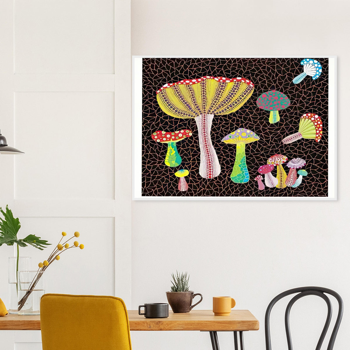Yayoi Kusama framed print — Toadstools explores the eccentric shapes of woodland fungi, balancing rounded caps and slender supports
