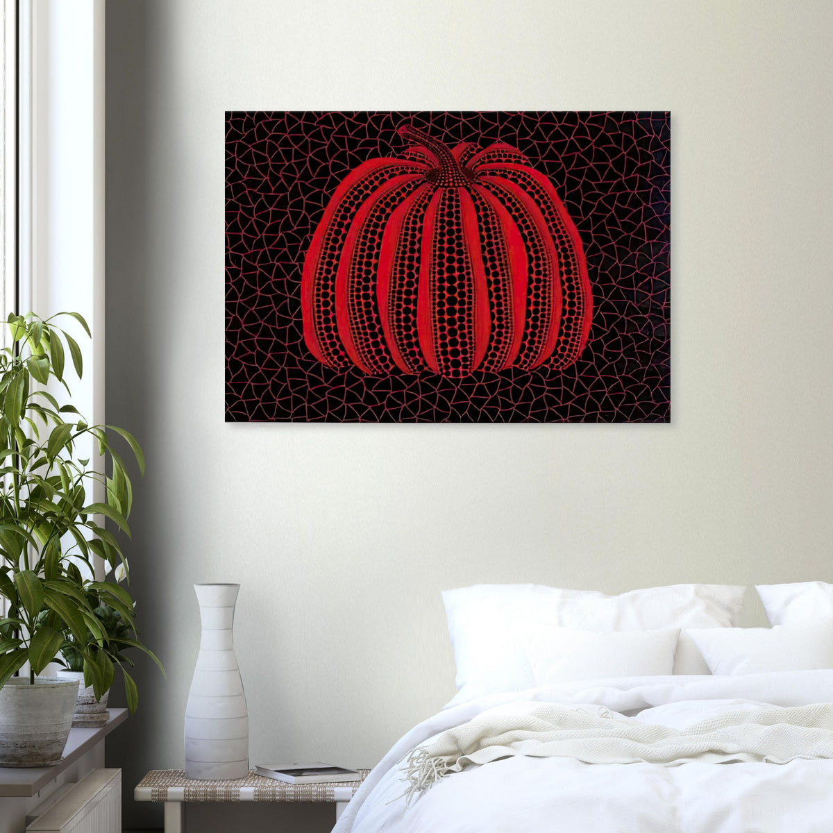 Yayoi Kusama canvas print — Pumpkin (RY) [Kusama 233] revisits Kusama’s best-known vegetable through the relationship between its distinctive form and repeating ornament