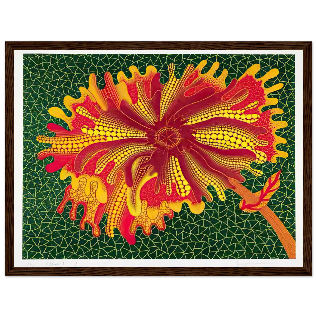 Yayoi Kusama framed print — Flower (A) treats a single flowering motif as a complete visual world, dark wood frame, 30x40 cm / 12x16″