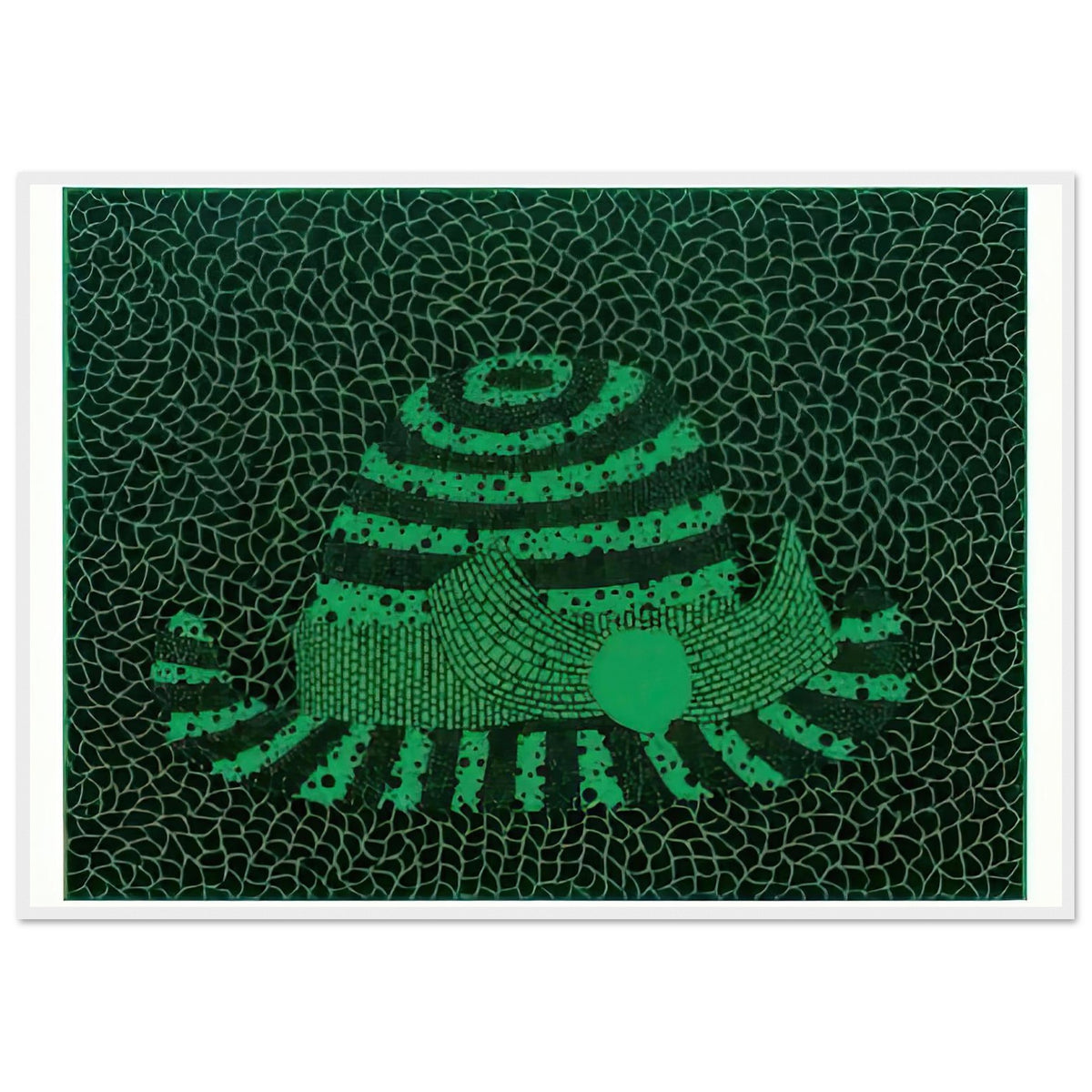 Yayoi Kusama framed print — Hat (Green) presents a familiar accessory as an exercise in changing color and graphic character, white frame, 70x100 cm / 28x40″