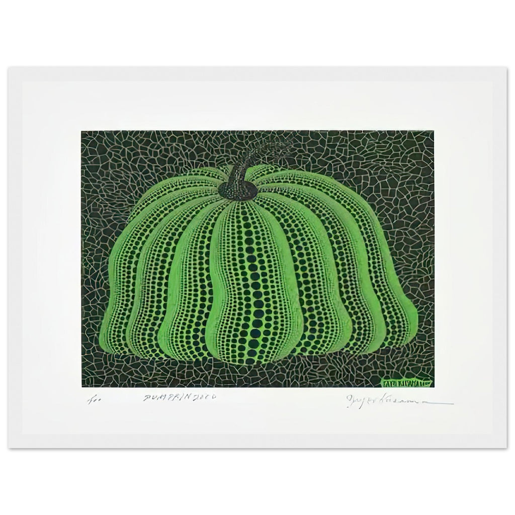 Yayoi Kusama framed print — Pumpkin 2000 (Green) uses a green treatment to reinterpret one of Kusama’s most affectionate subjects