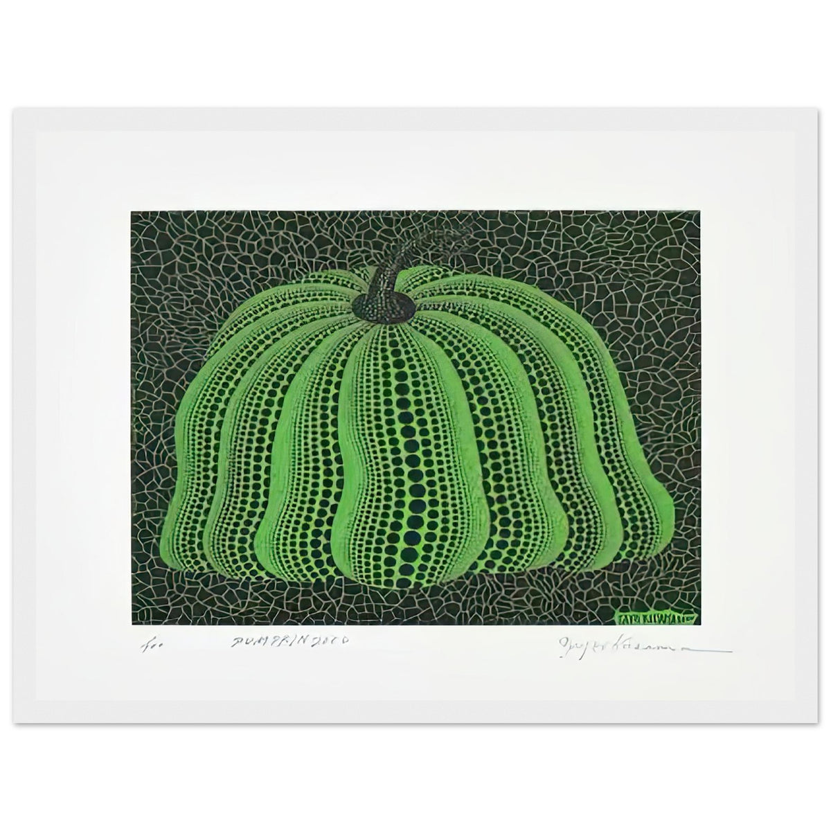 Yayoi Kusama framed print — Pumpkin 2000 (Green) uses a green treatment to reinterpret one of Kusama’s most affectionate subjects