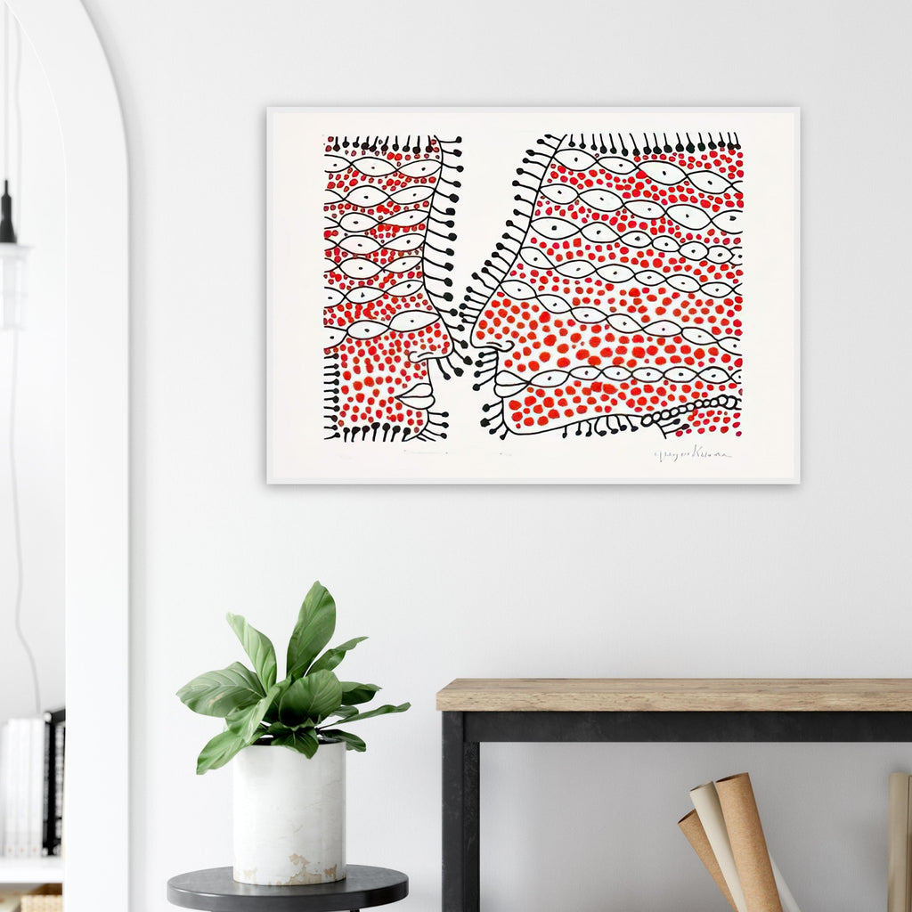 Yayoi Kusama framed print — Beginning of Love suggests an intimate emotional moment expressed through Kusama’s recurring language of patterns and simple forms
