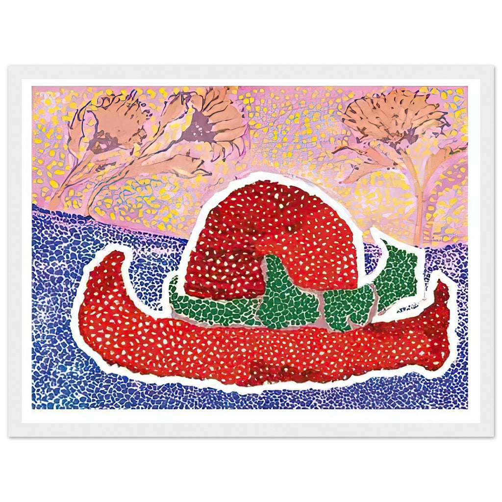 Yayoi Kusama framed print — Hat Left Behind in the Field turns an unattended accessory into a scene with an implied human presence, white frame, 30x40 cm / 12x16″