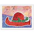 Yayoi Kusama framed print — Hat Left Behind in the Field turns an unattended accessory into a scene with an implied human presence, white frame, 30x40 cm / 12x16″
