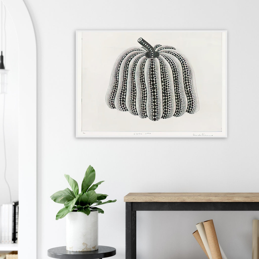 Yayoi Kusama framed print — Pumpkin [Kusama 201] revisits Kusama’s best-known vegetable through the relationship between its distinctive form and repeating ornament