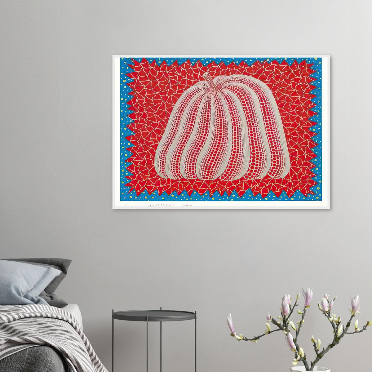Yayoi Kusama framed print — Citrouille II from Amour pour Toujours gives Kusama’s beloved pumpkin a celebratory role within a portfolio devoted to love