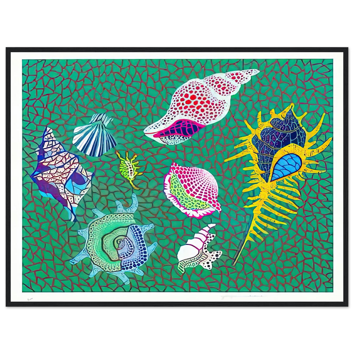 Yayoi Kusama framed print — Shells draws attention to small natural objects whose curved structures and repeating ridges are already pattern-like, black frame, 60x80 cm / 24x32″