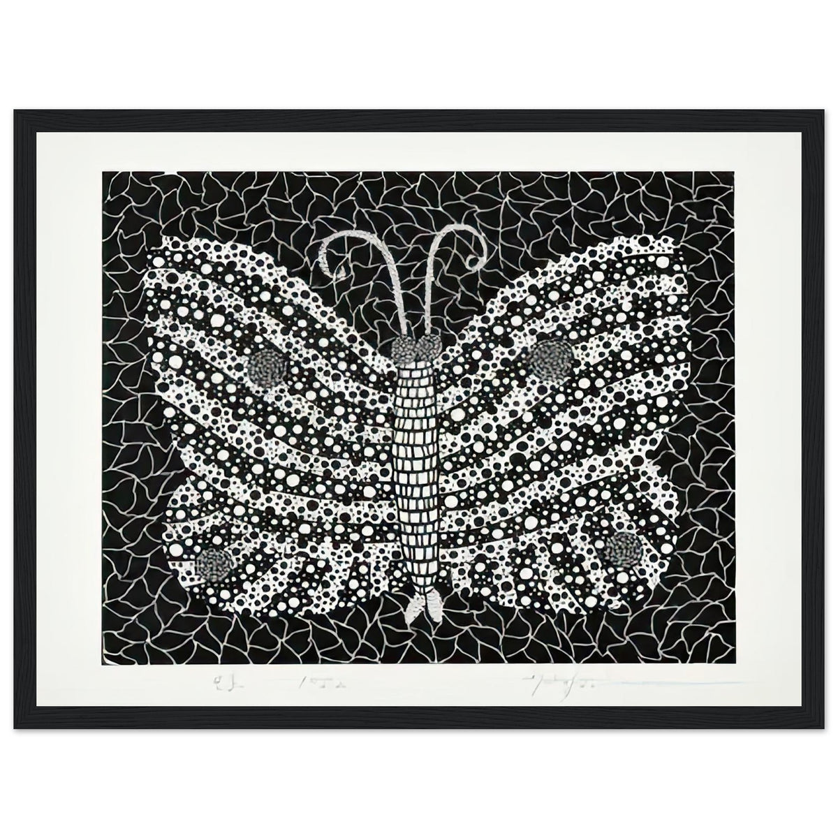 Yayoi Kusama framed print — Butterfly [Kusama 18] by Yayoi Kusama takes the lightness of a butterfly and gives it graphic intensity through pattern, black frame, 30x40 cm / 12x16″