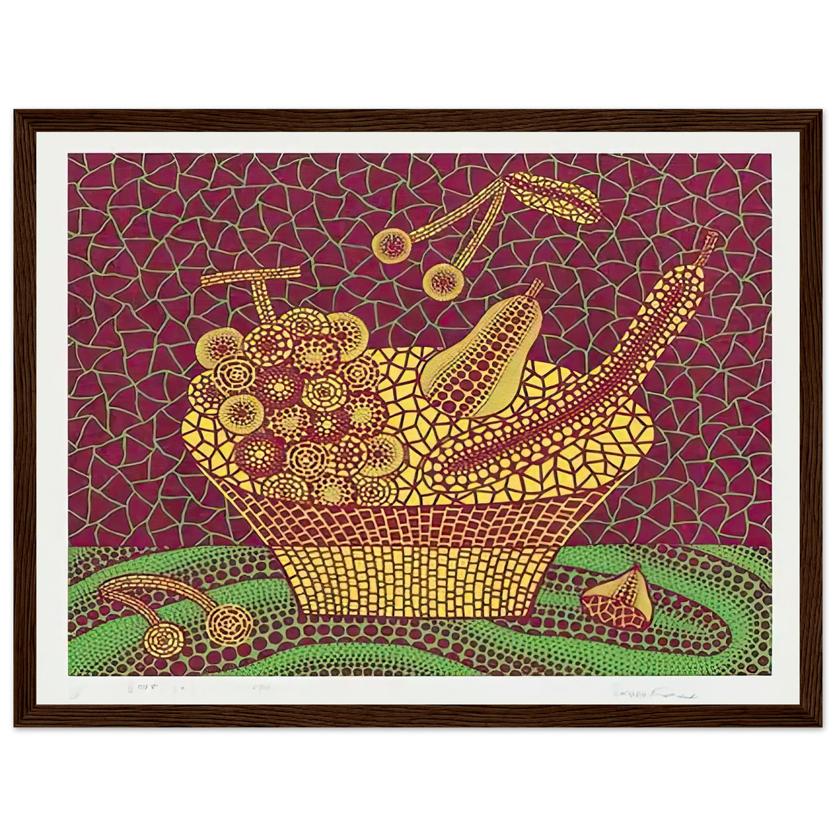 Yayoi Kusama framed print — Fruit Basket (3) by Yayoi Kusama explores one of the artist’s recurring subjects: the abundance of ordinary fruit, dark wood frame, 30x40 cm / 12x16″