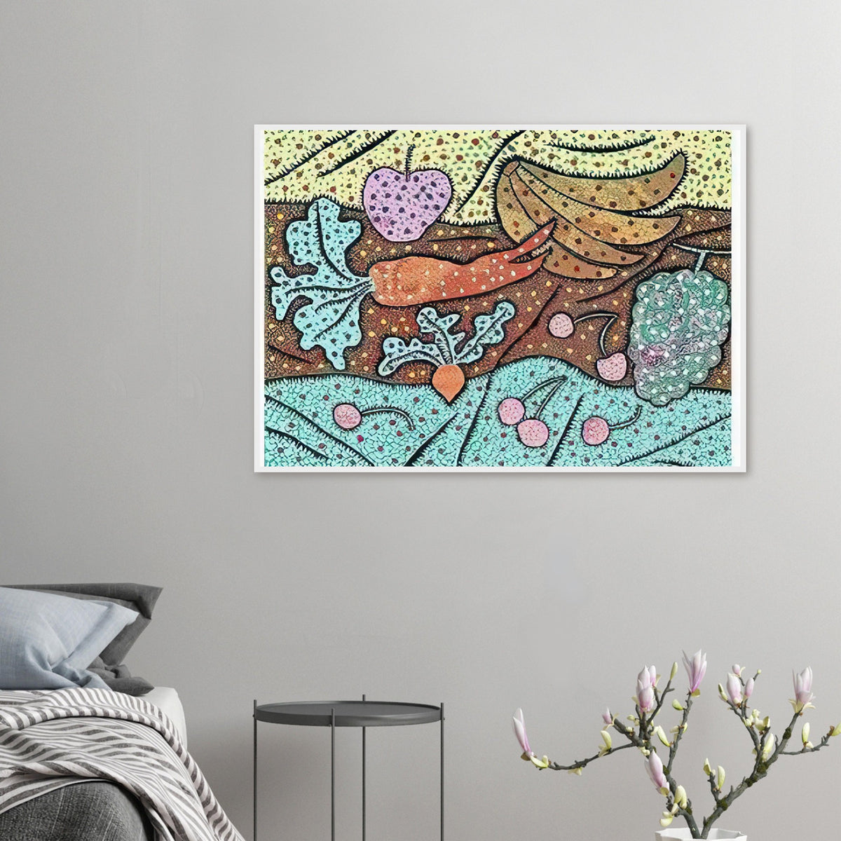 Yayoi Kusama framed print of Standing in the Visionary Field — standing in the Visionary Field belongs to Kusama’s important early printmaking period and combines an imaginative landscape with the visual idea of proliferation