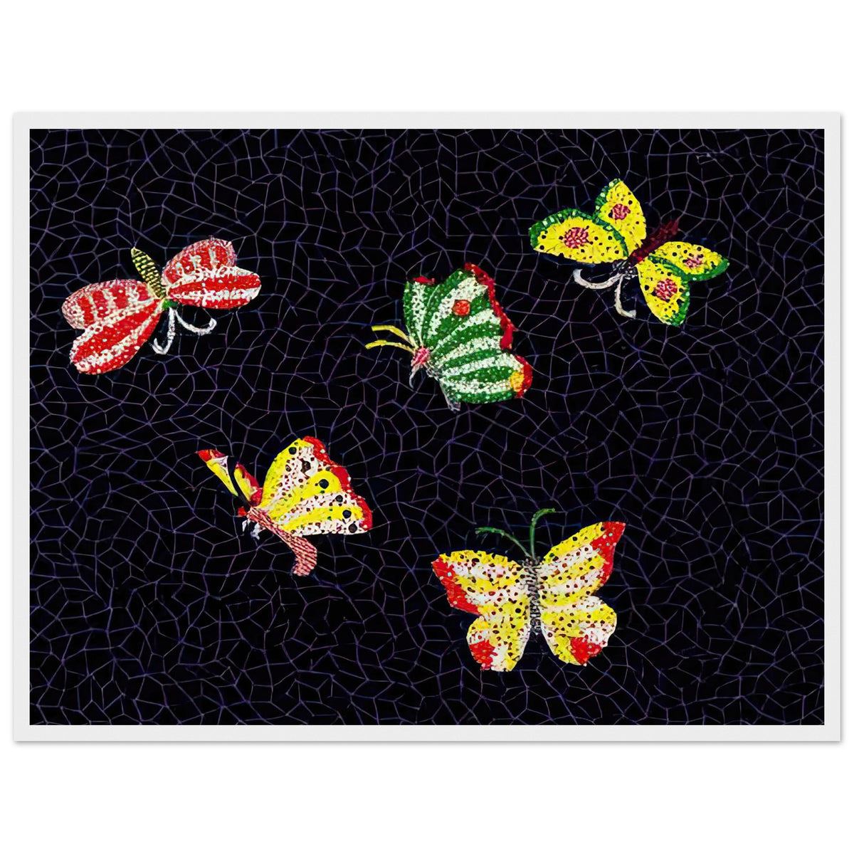 Yayoi Kusama framed print — Butterfly [Kusama 82] by Yayoi Kusama takes the lightness of a butterfly and gives it graphic intensity through pattern, white frame, 45x60 cm / 18x24″