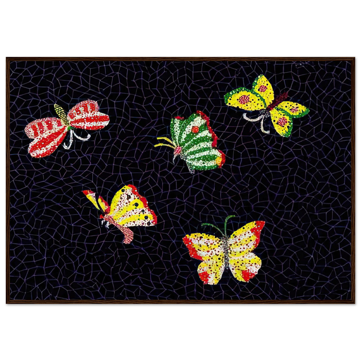 Yayoi Kusama framed print — Butterfly [Kusama 82] by Yayoi Kusama takes the lightness of a butterfly and gives it graphic intensity through pattern, dark wood frame, 70x100 cm / 28x40″