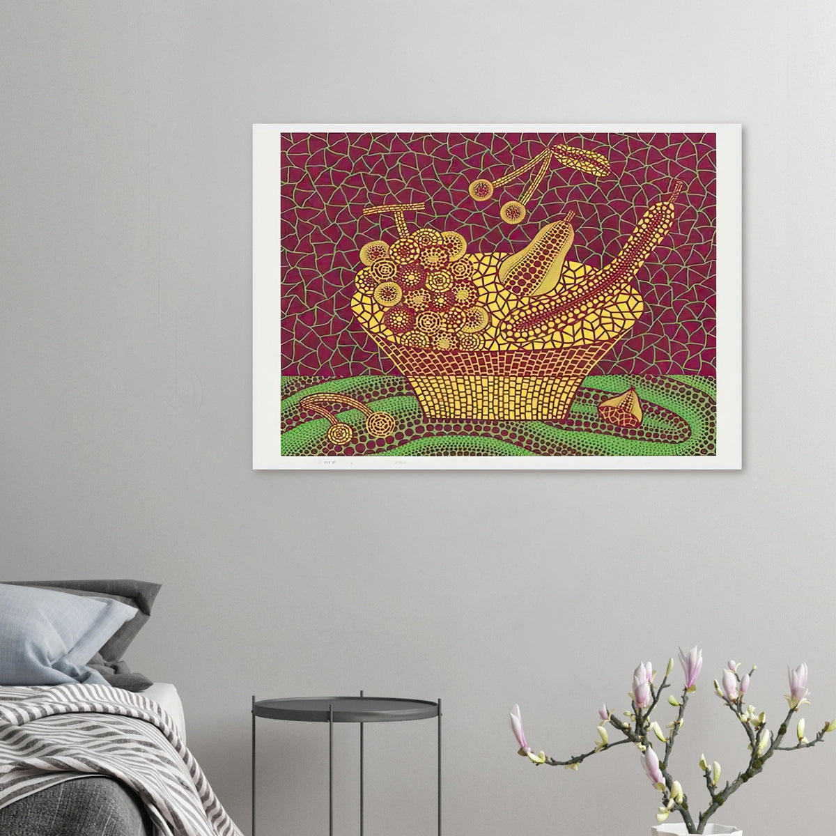 Yayoi Kusama framed print — Fruit Basket (3) by Yayoi Kusama explores one of the artist’s recurring subjects: the abundance of ordinary fruit