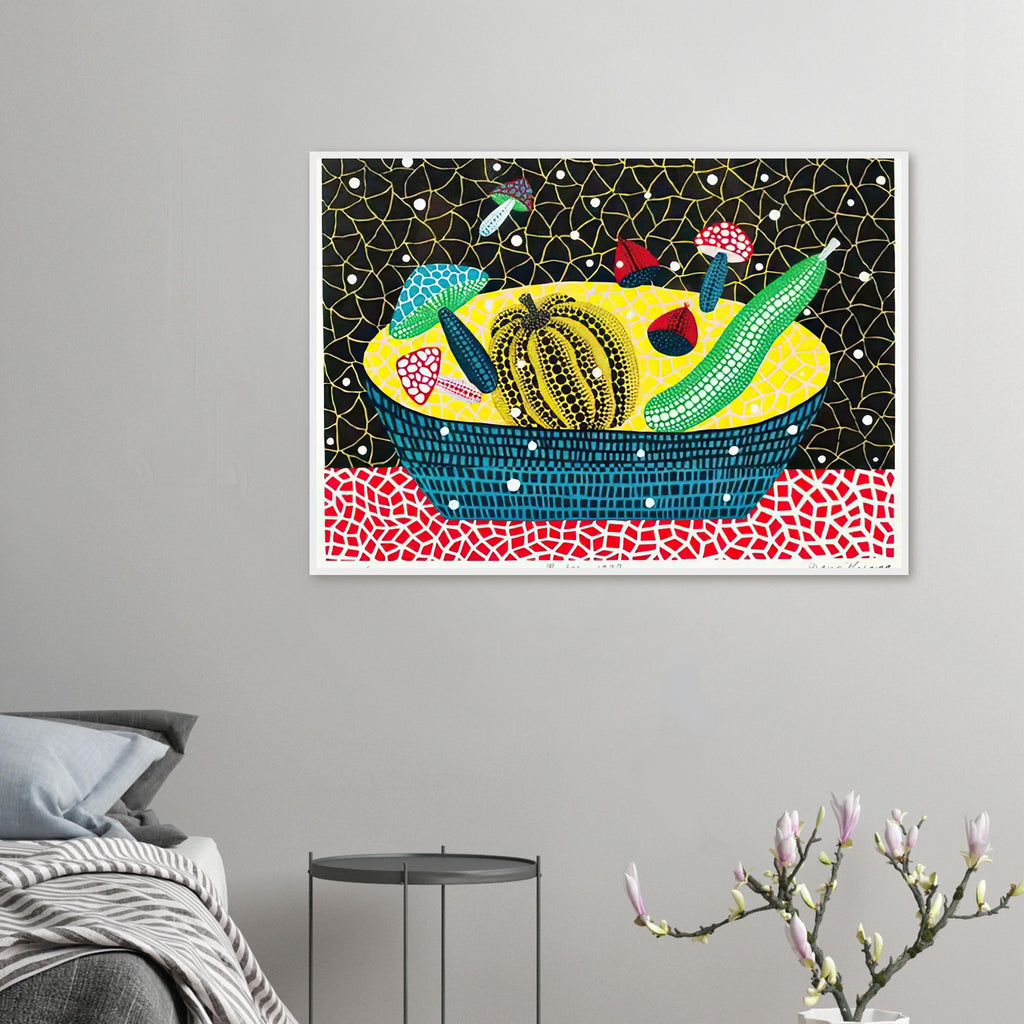 Yayoi Kusama framed print — Fruits (2) turns an arrangement of fruit into a deliberately ornamental still life