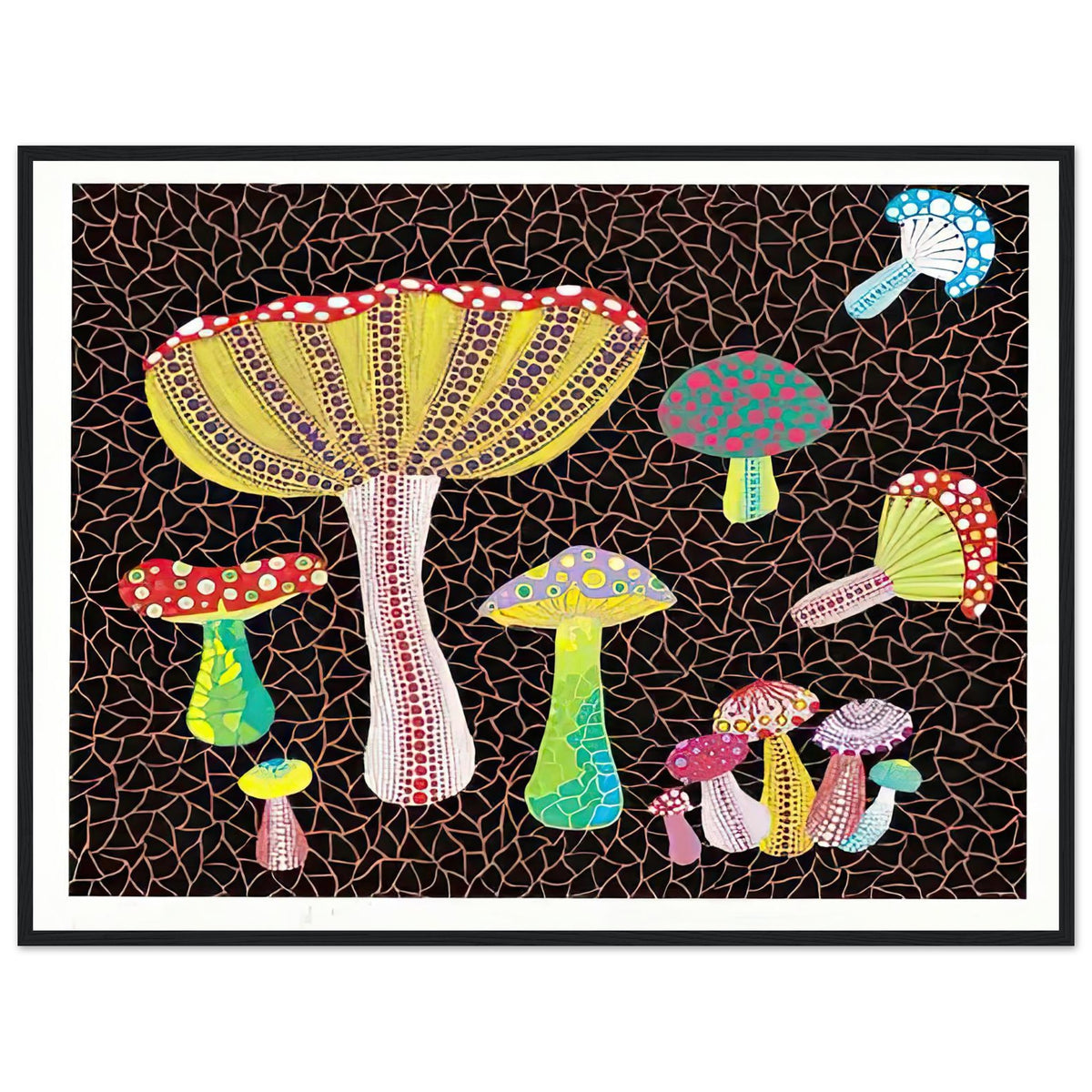 Yayoi Kusama framed print — Toadstools explores the eccentric shapes of woodland fungi, balancing rounded caps and slender supports, black frame, 60x80 cm / 24x32″