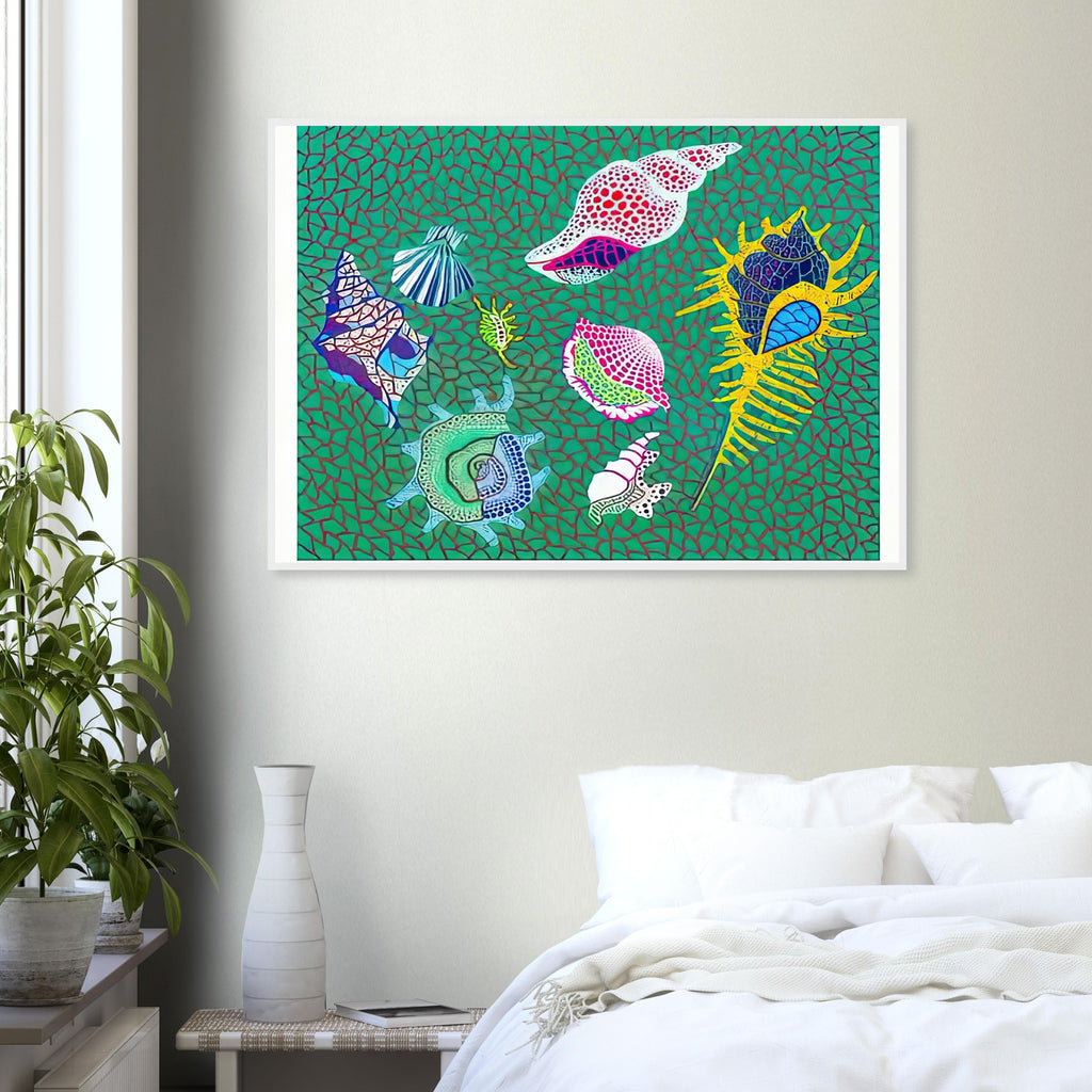 Yayoi Kusama framed print — Shells draws attention to small natural objects whose curved structures and repeating ridges are already pattern-like