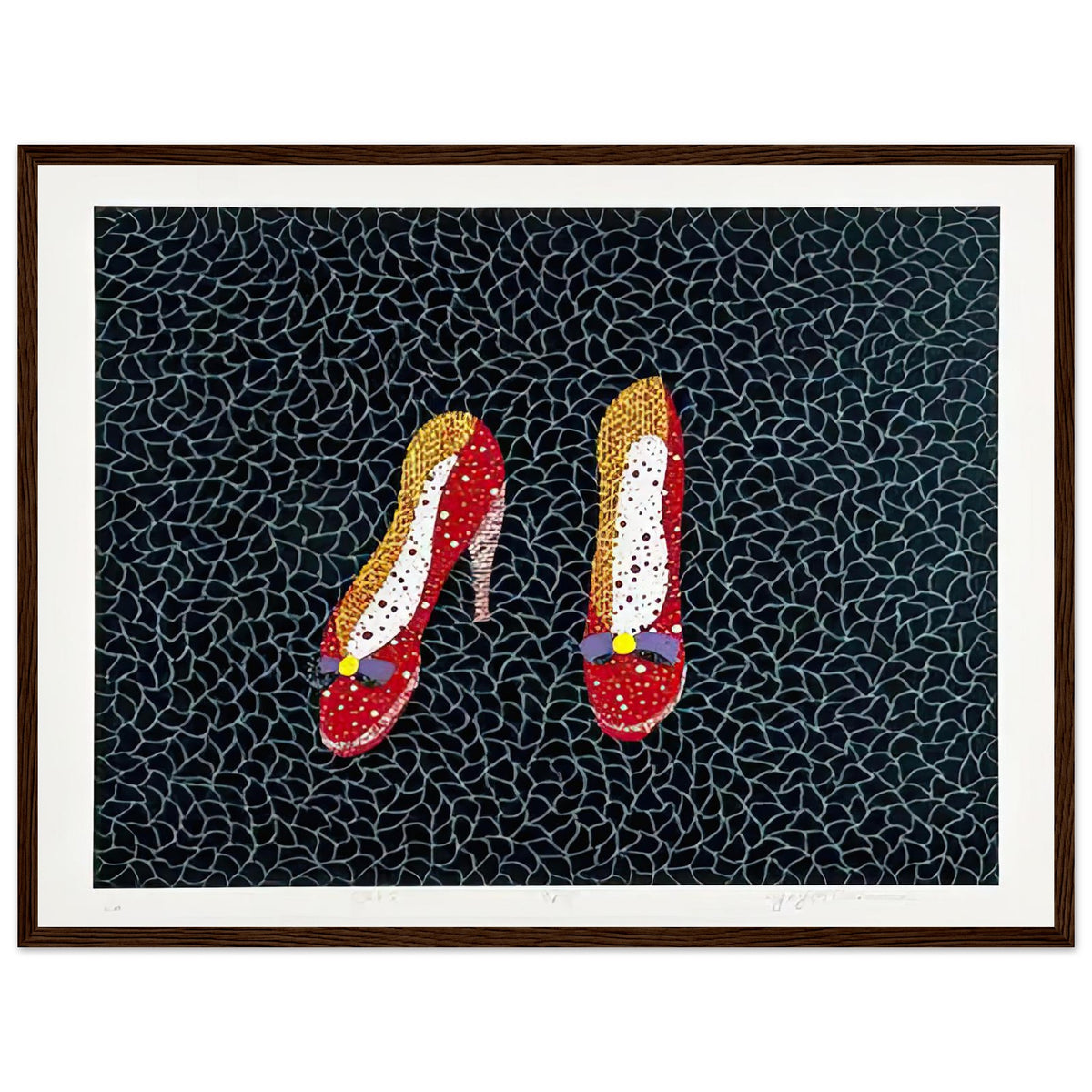 Yayoi Kusama framed print — Shoes (2) turns a footwear object into an image about shape, balance and individuality, dark wood frame, 45x60 cm / 18x24″