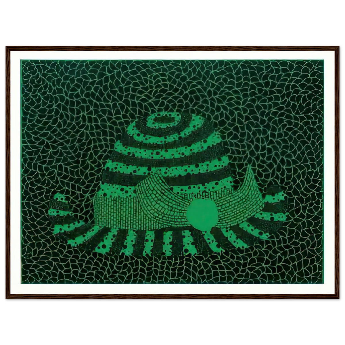 Yayoi Kusama framed print — Hat (Green) presents a familiar accessory as an exercise in changing color and graphic character, dark wood frame, 60x80 cm / 24x32″