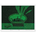 Yayoi Kusama framed print — The familiar outline of an ashtray becomes unexpectedly compelling in this early Kusama still-life subject, white frame, 30x40 cm / 12x16″