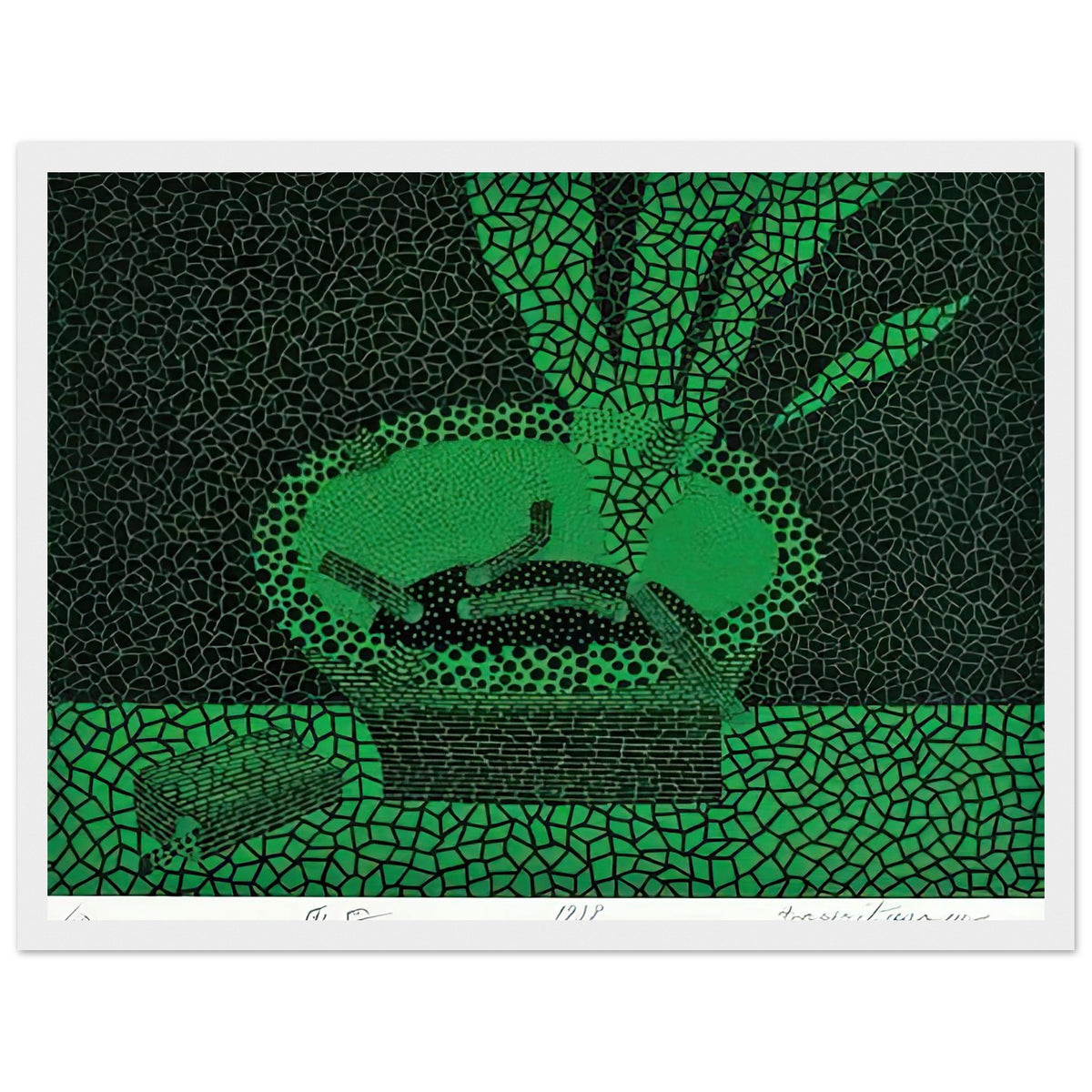Yayoi Kusama framed print — The familiar outline of an ashtray becomes unexpectedly compelling in this early Kusama still-life subject, white frame, 30x40 cm / 12x16″