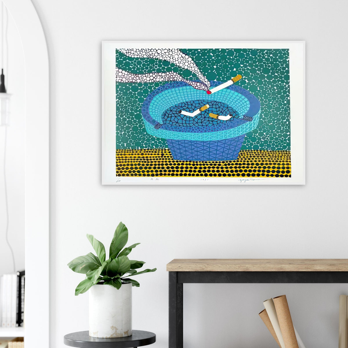 Yayoi Kusama framed print — Ashtray (2) returns to the everyday smoking accessory but distinguishes this image as a second listed treatment of the motif
