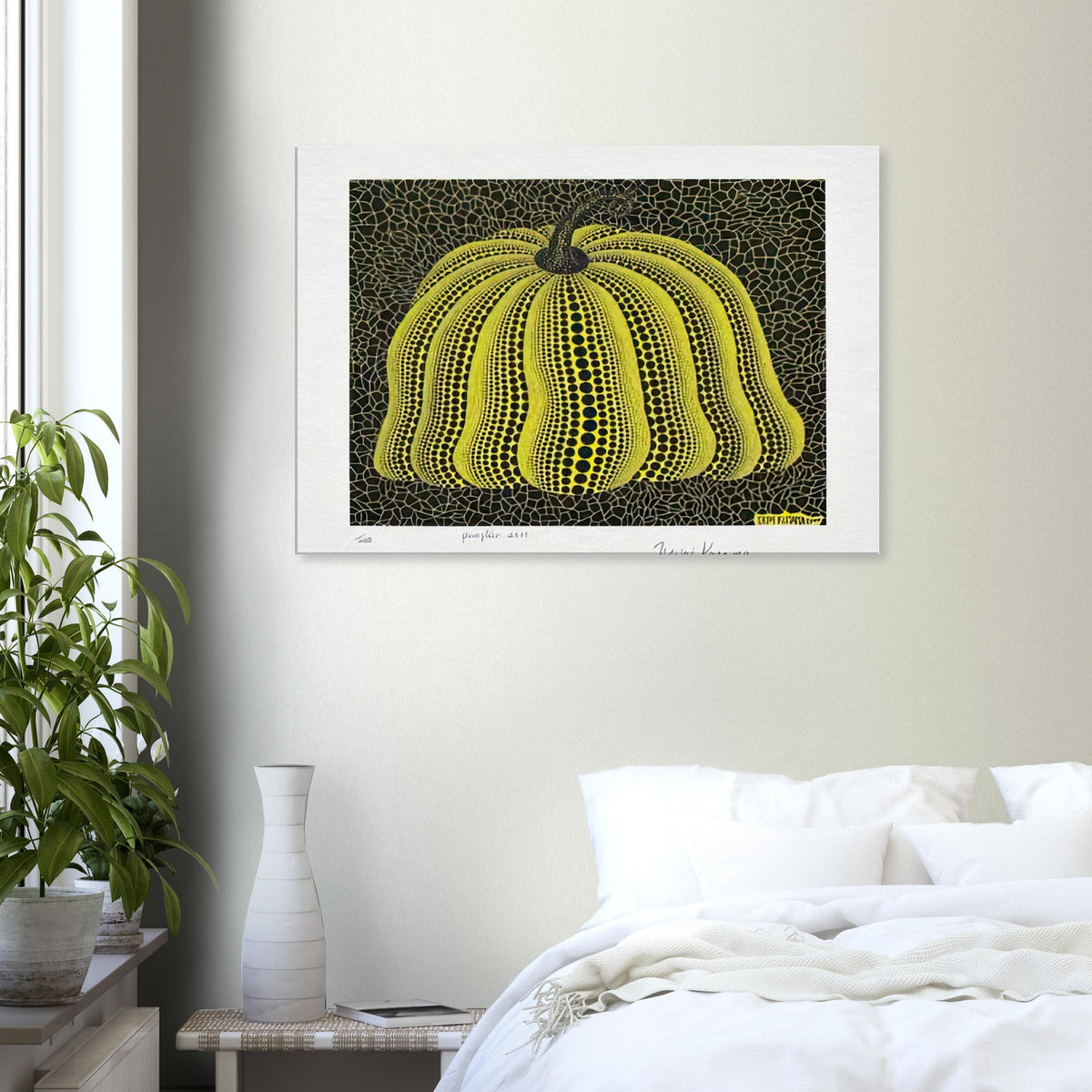 Yayoi Kusama canvas print — Pumpkin 2000 (Yellow) uses a yellow treatment to reinterpret one of Kusama’s most affectionate subjects