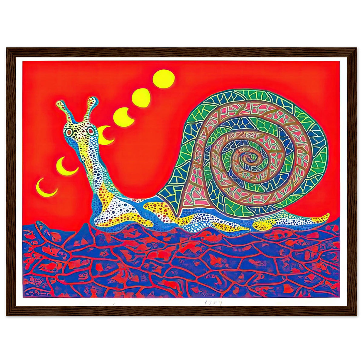 Yayoi Kusama framed print — Snail takes a slow-moving creature and makes its spiral shell and delicate movement the center of attention, dark wood frame, 30x40 cm / 12x16″