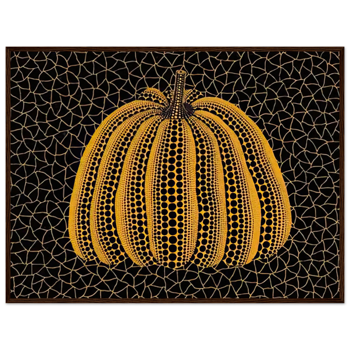 Yayoi Kusama framed print — Pumpkin (YY) [Kusama 231] revisits Kusama’s best-known vegetable through the relationship between its distinctive form and repeating ornament, dark wood frame, 60x80 cm / 24x32″