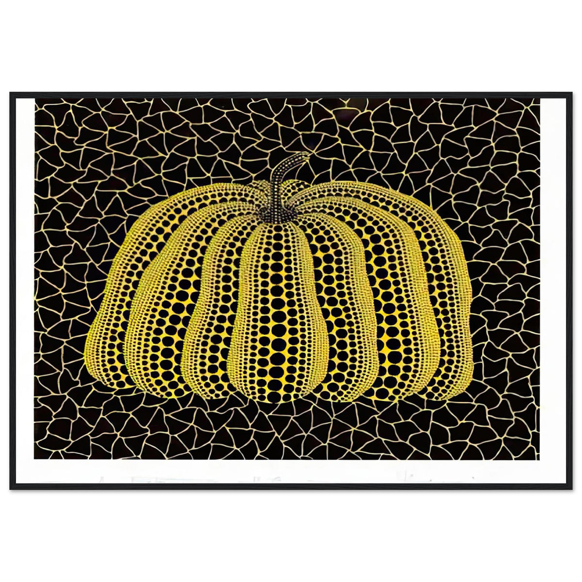 Yayoi Kusama framed print — Pumpkin (YB-B) [Kusama 327] revisits Kusama’s best-known vegetable through the relationship between its distinctive form and repeating ornament, black frame, 70x100 cm / 28x40″